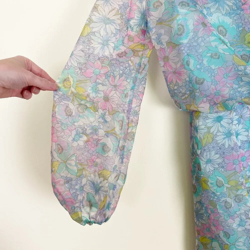 Vintage 70s Handmade Floral Gown Long Poof Puff Sleeve Princess Maxi Dress 1970s - Picture 5 of 8